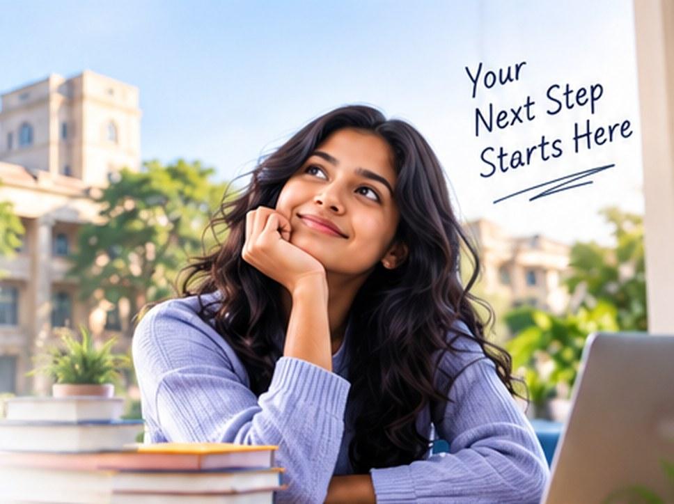 A student smiling and thinking about her future