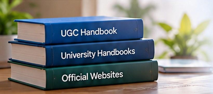 Books labelled UGC Handbook, University Handbooks and Official Websites