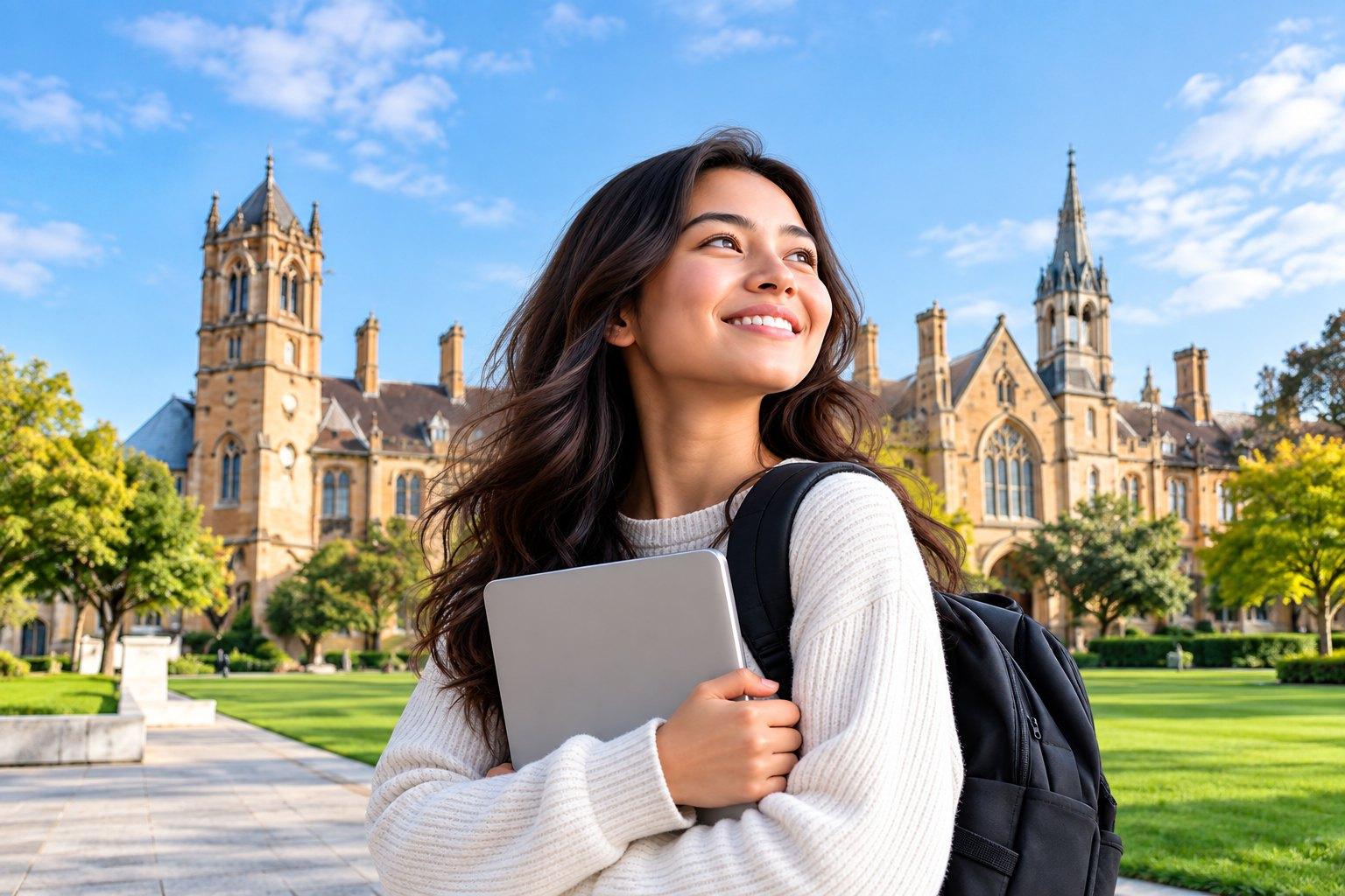 Smiling student with a laptop outside a university building