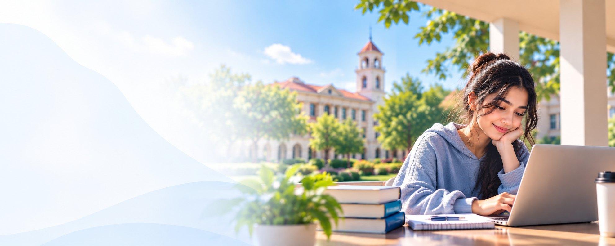 A student studying on a laptop outside a university building