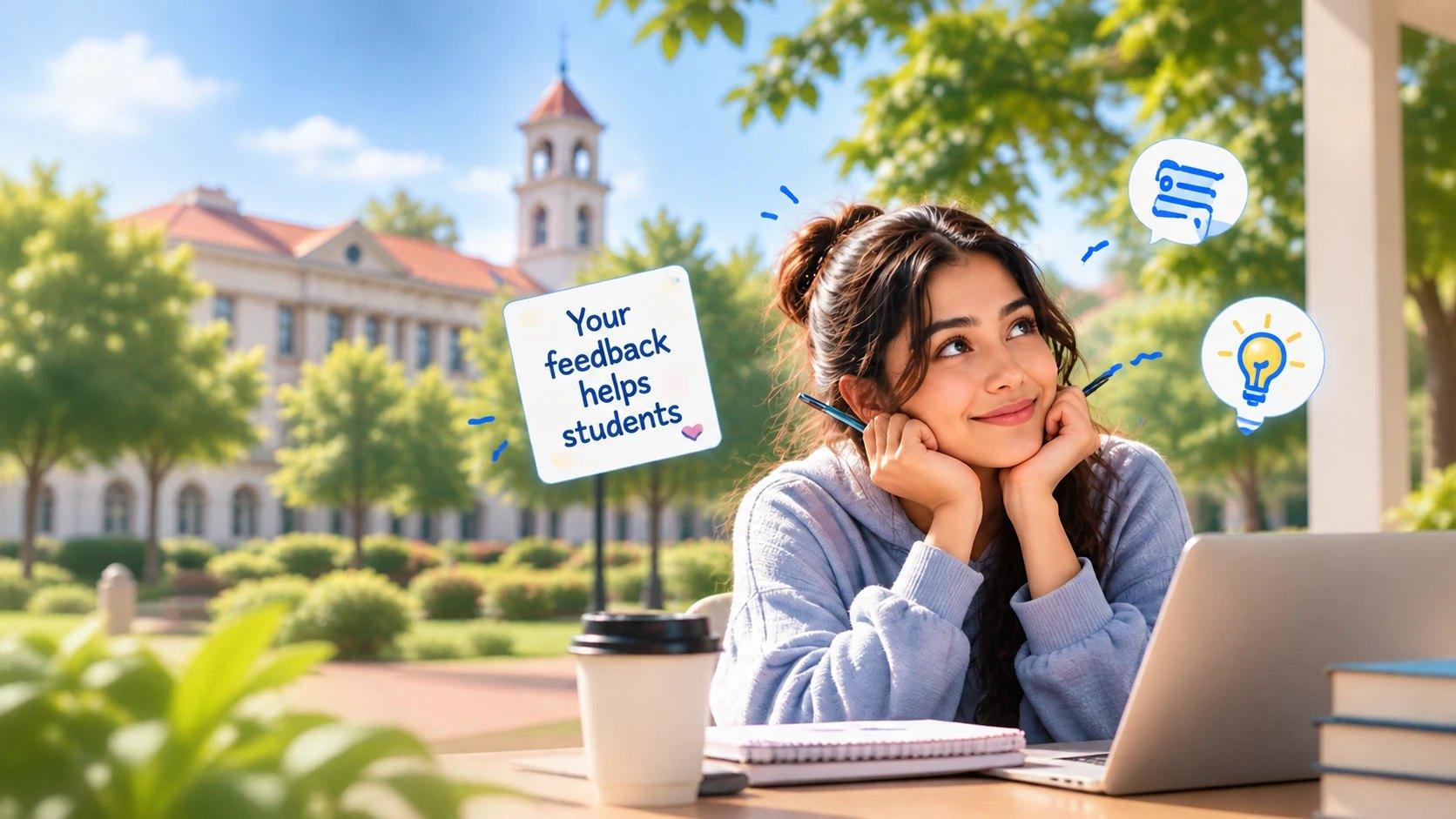 A student thinking, with a note saying Your feedback helps students