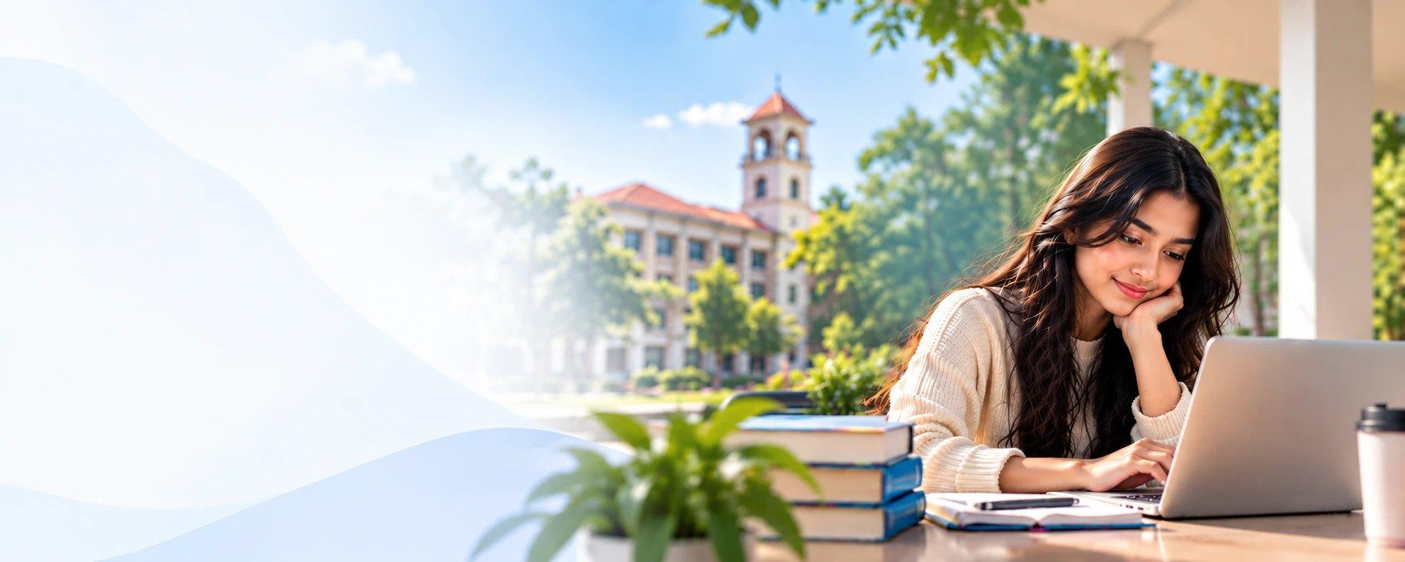 A student working on a laptop outside a university building